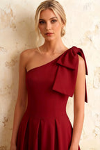 Giselle Red Asymmetric Ruched Midi Dress with Bow-Sleeve