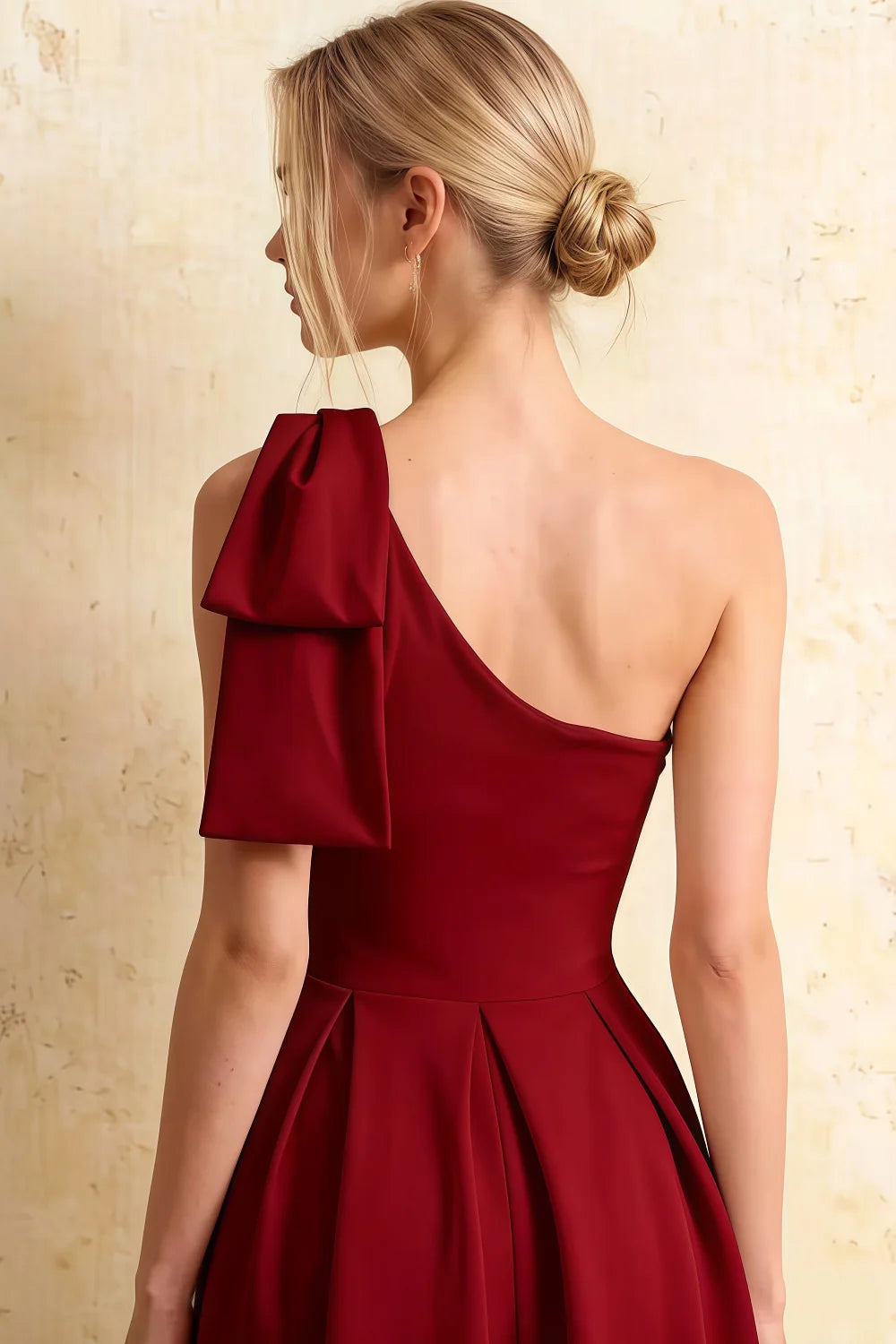 Giselle Red Asymmetric Ruched Midi Dress with Bow-Sleeve