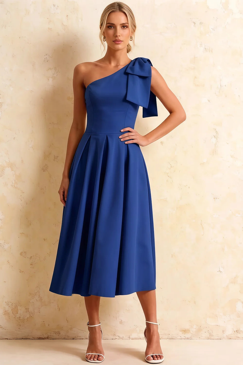 Giselle Royal Blue Asymmetrical Draped Midi Dress with Bow Main image