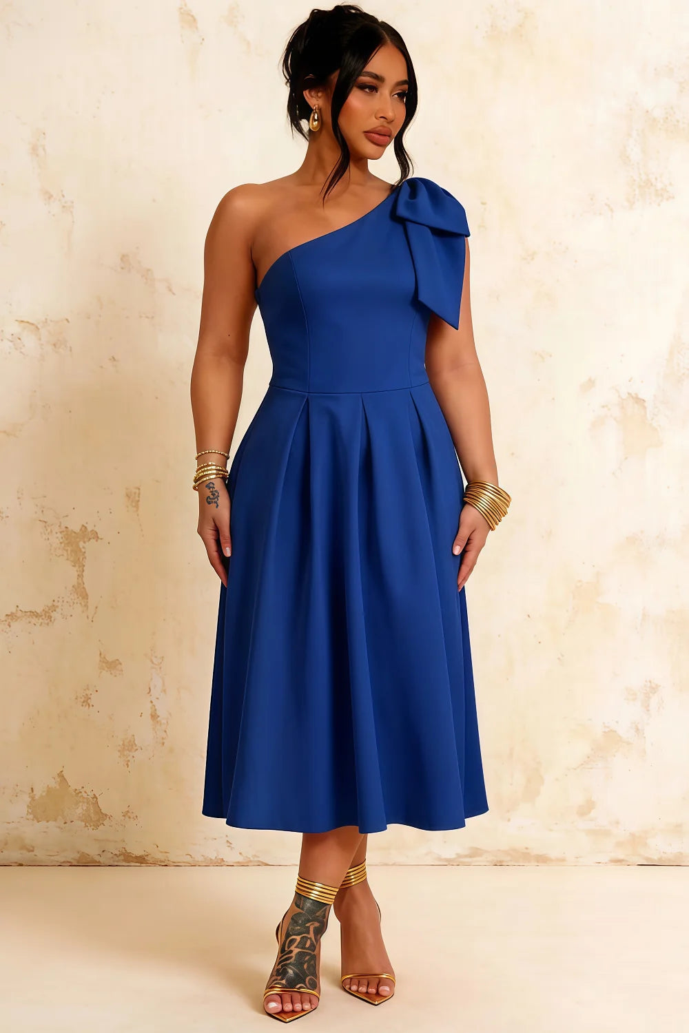 Giselle Royal Blue Asymmetrical Draped Midi Dress with Bow