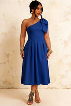 Giselle Royal Blue Asymmetrical Draped Midi Dress with Bow