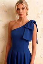Giselle Royal Blue Asymmetrical Draped Midi Dress with Bow