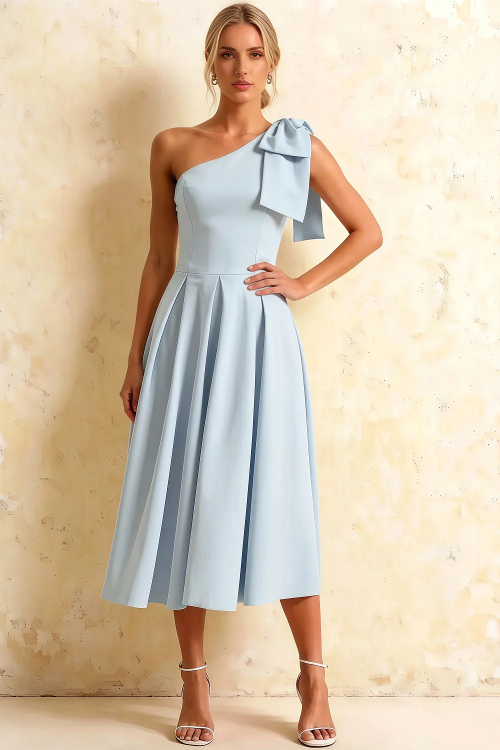 Giselle Sky Blue Asymmetrical Flowy Midi Dress with Bow Sleeve Main image