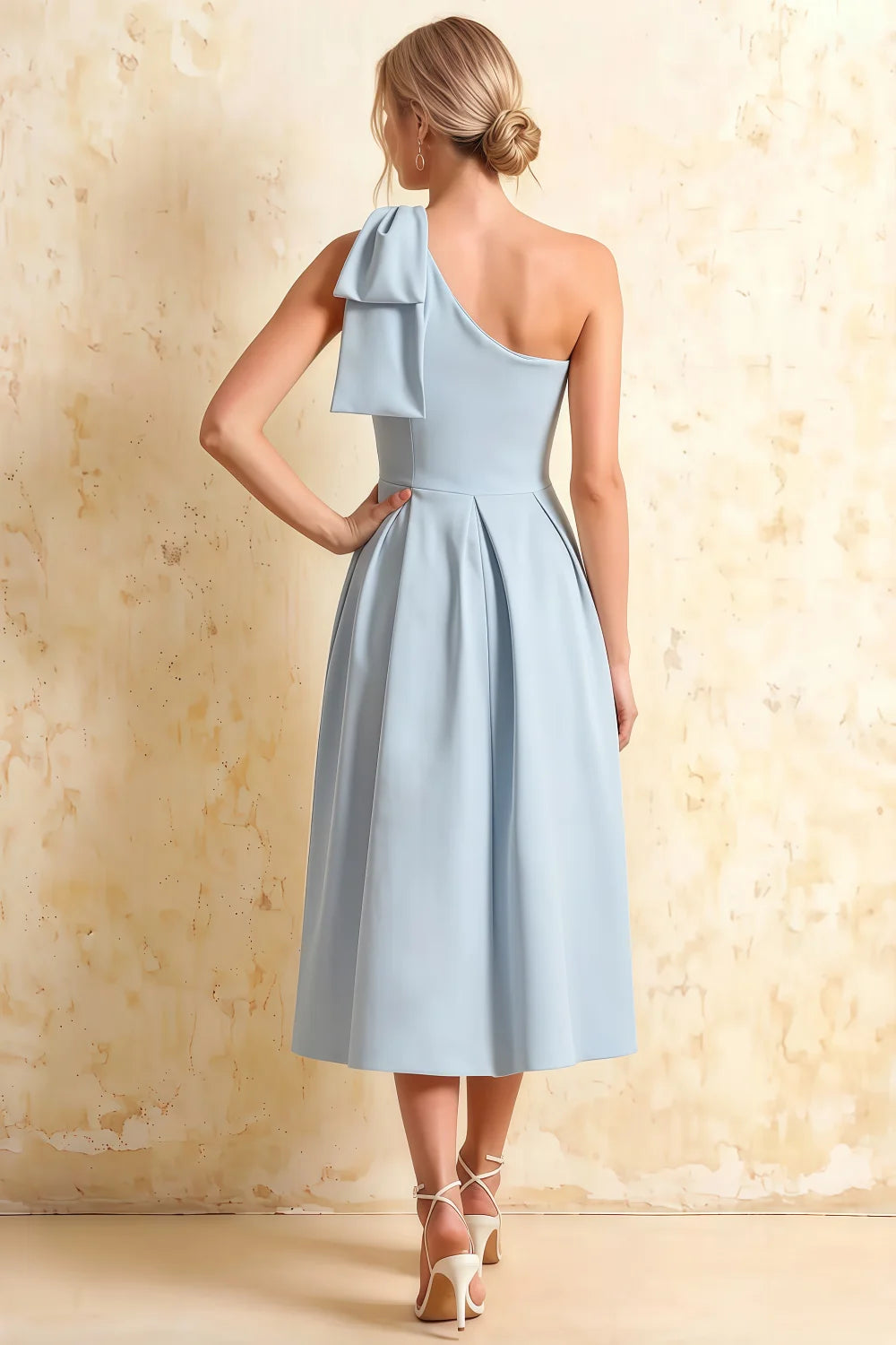 Giselle Sky Blue Asymmetrical Flowy Midi Dress with Bow Sleeve