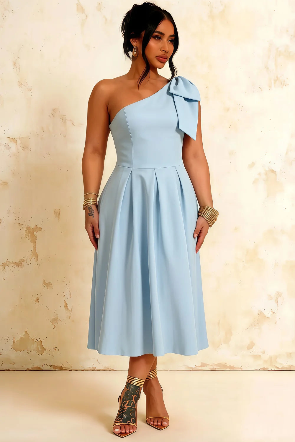 Giselle Sky Blue Asymmetrical Flowy Midi Dress with Bow Sleeve