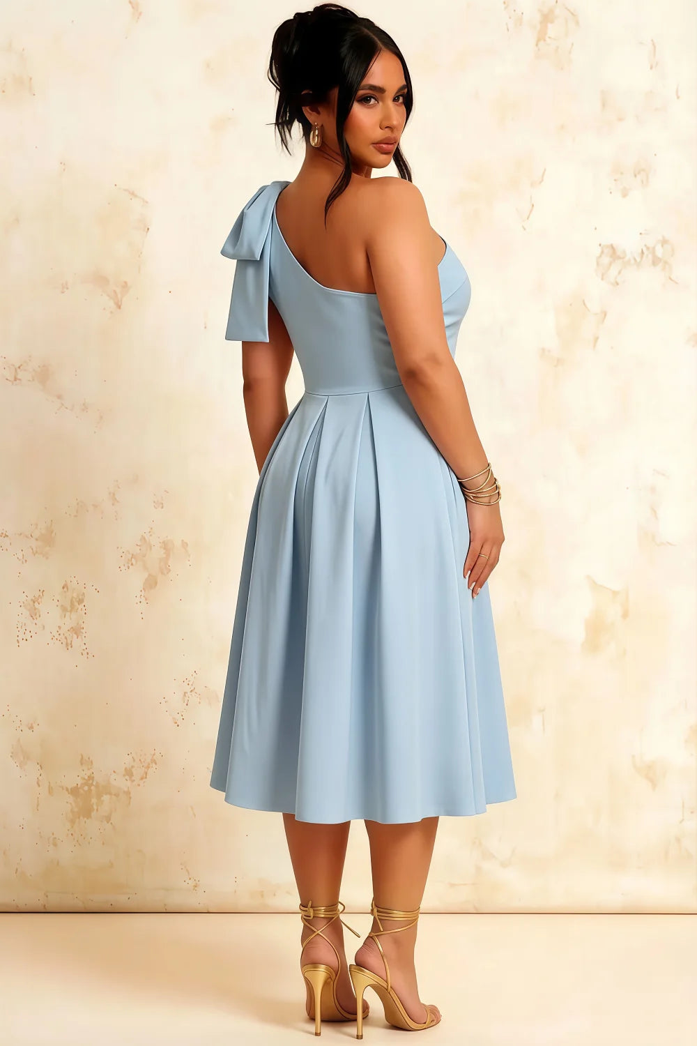 Giselle Sky Blue Asymmetrical Flowy Midi Dress with Bow Sleeve
