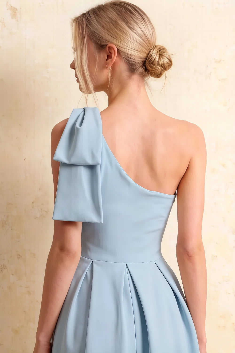 Giselle Sky Blue Asymmetrical Flowy Midi Dress with Bow Sleeve