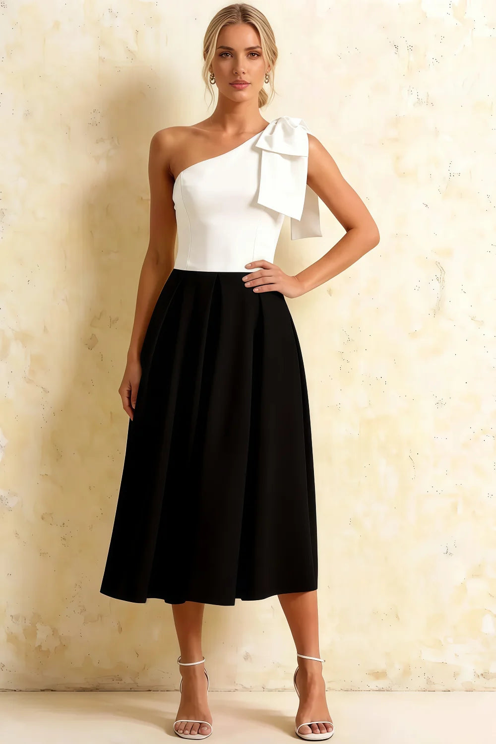 Giselle White and Black Asymmetrical Neck Midi Dress with Bow Main image