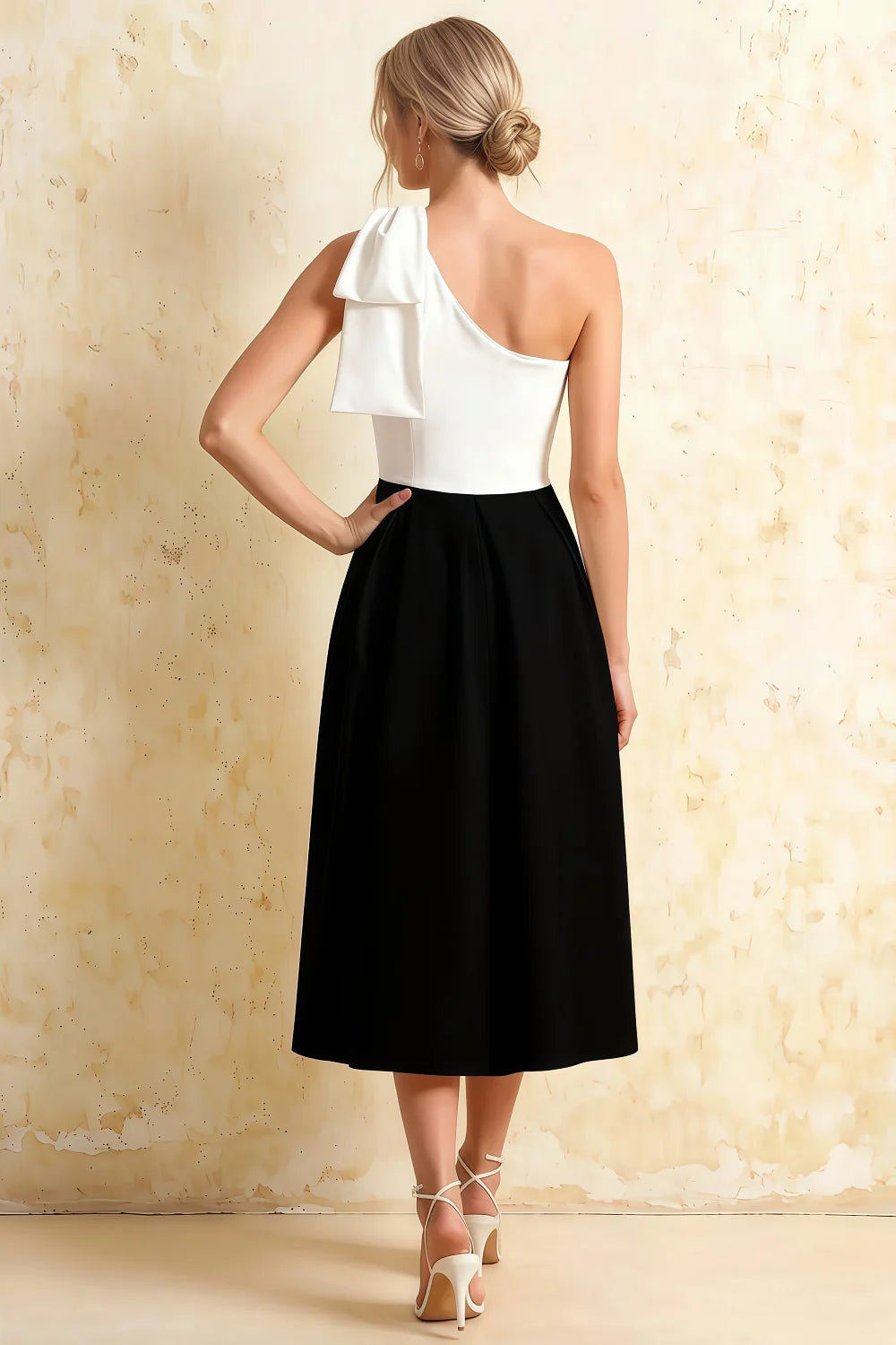 Giselle White and Black Asymmetrical Neck Midi Dress with Bow