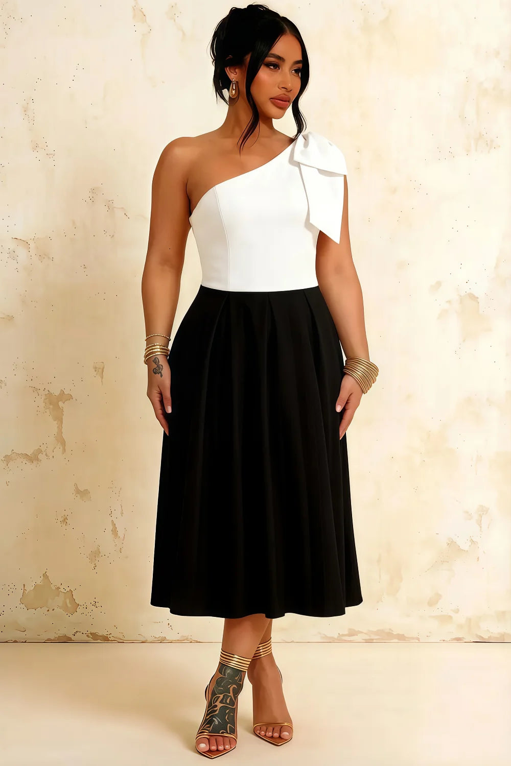 Giselle White and Black Asymmetrical Neck Midi Dress with Bow