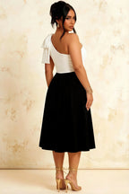 Giselle White and Black Asymmetrical Neck Midi Dress with Bow