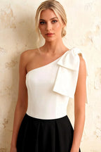 Giselle White and Black Asymmetrical Neck Midi Dress with Bow