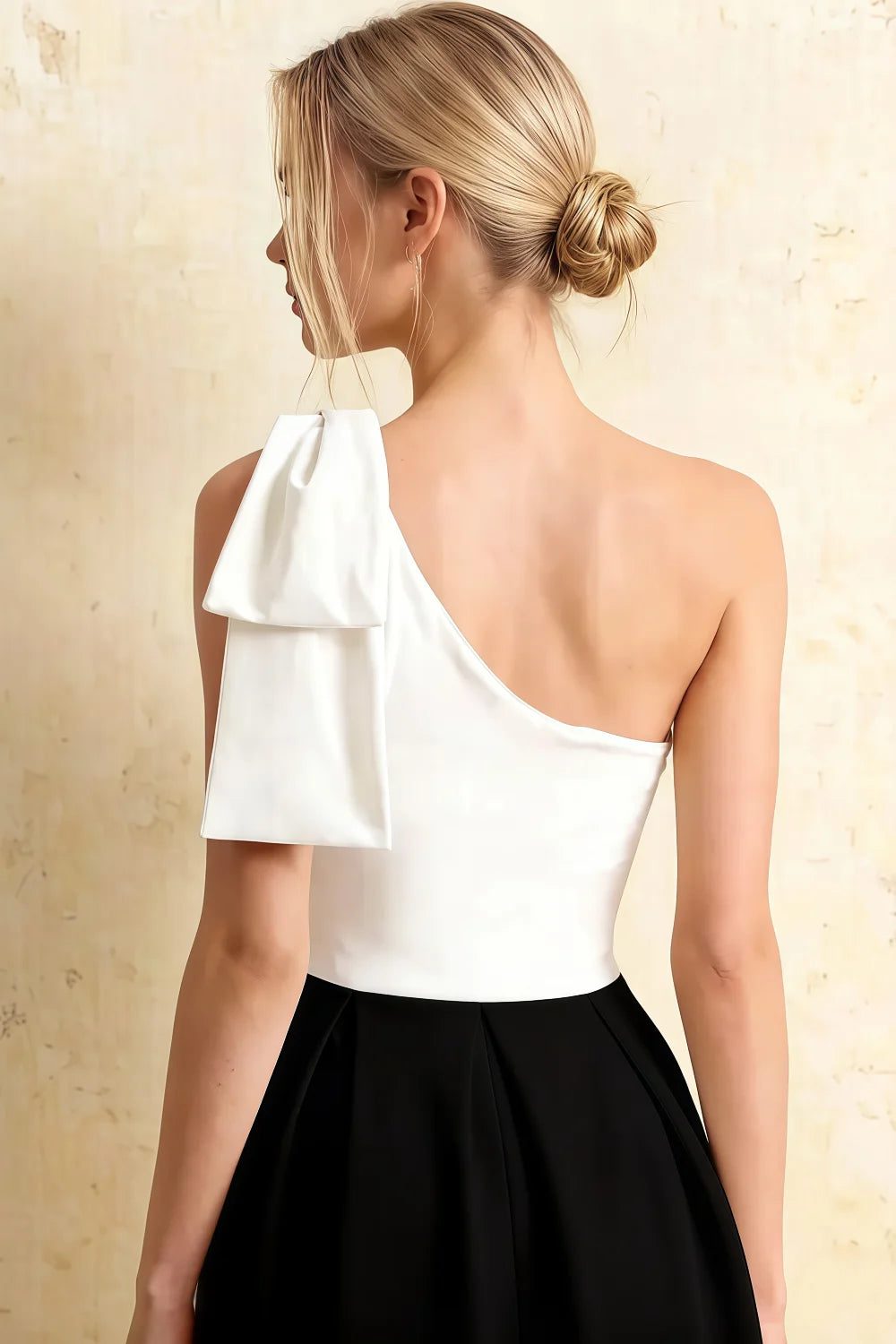 Giselle White and Black Asymmetrical Neck Midi Dress with Bow