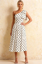 Giselle White Polka Dot Asymmetric Midi Dress with Bow