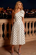 Giselle White Polka Dot Asymmetric Midi Dress with Bow