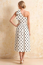 Giselle White Polka Dot Asymmetric Midi Dress with Bow