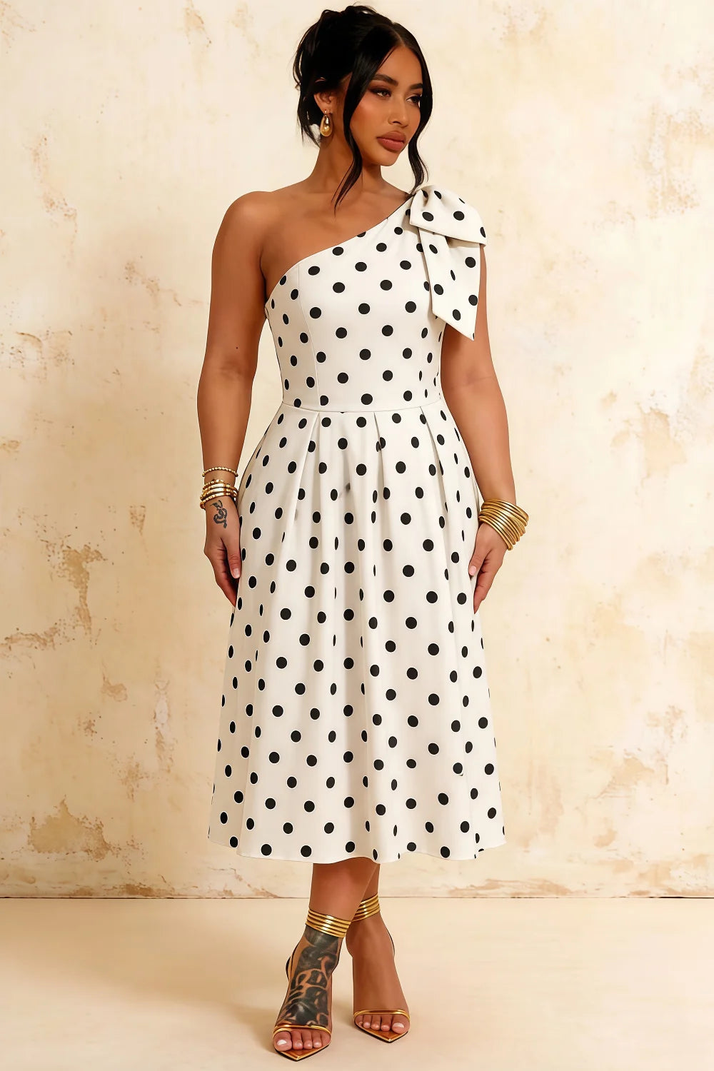 Giselle White Polka Dot Asymmetric Midi Dress with Bow