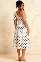 Giselle White Polka Dot Asymmetric Midi Dress with Bow