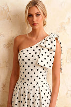Giselle White Polka Dot Asymmetric Midi Dress with Bow