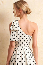 Giselle White Polka Dot Asymmetric Midi Dress with Bow