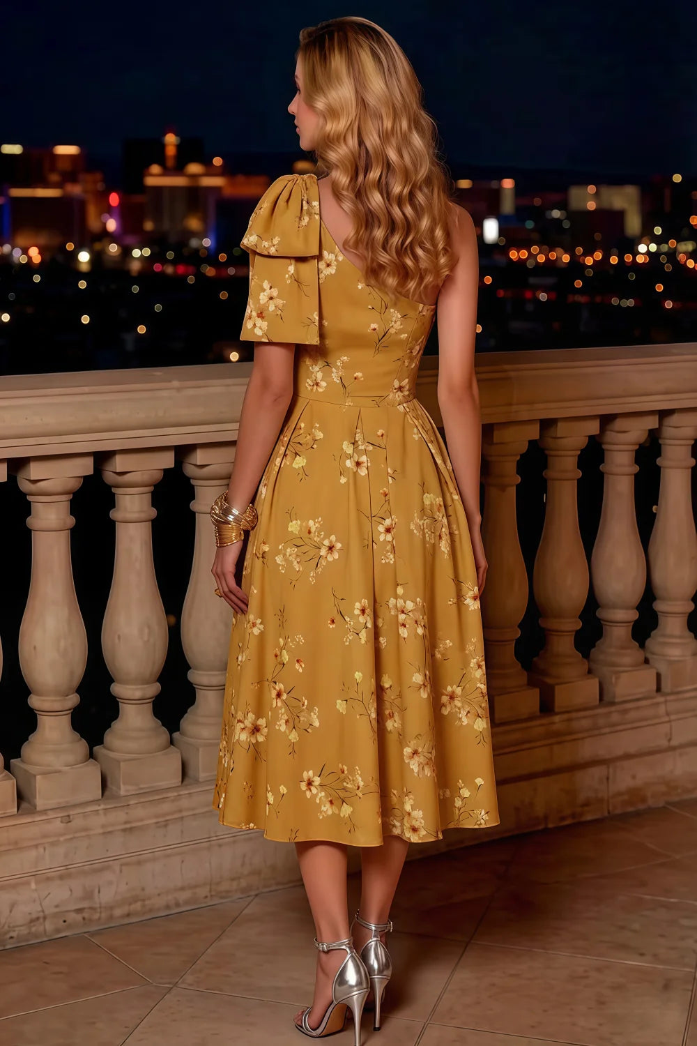 Giselle Yellow Floral Print Asymmetrical Midi Dress | Chic One Shoulder