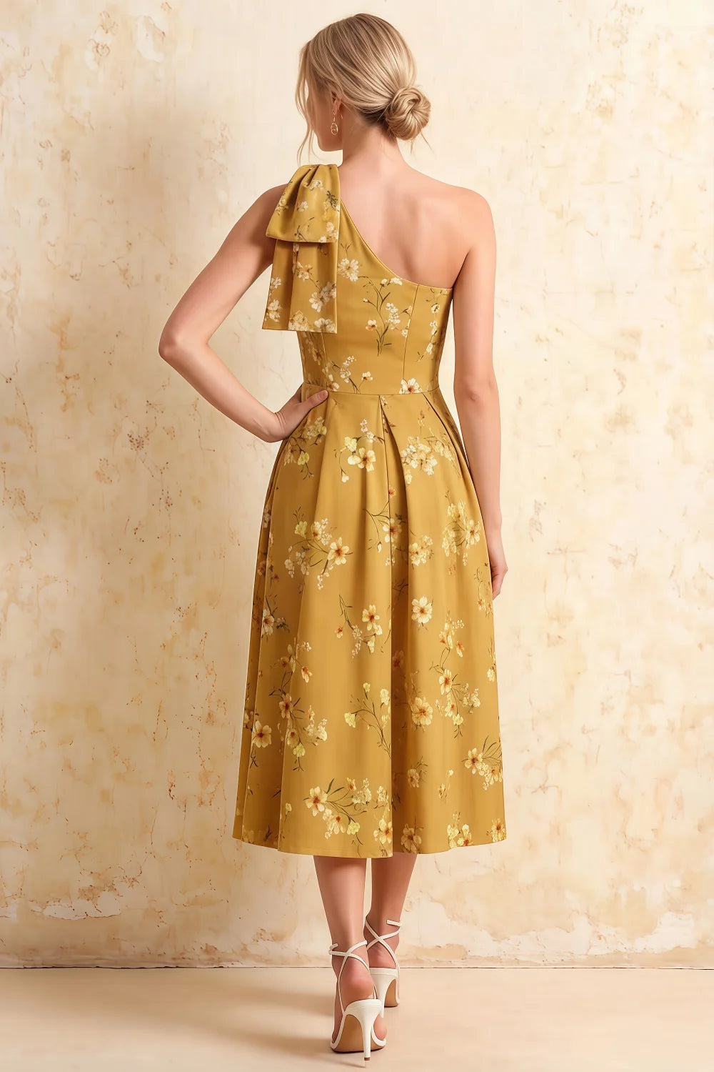 Giselle Yellow Floral Print Asymmetrical Midi Dress | Chic One Shoulder