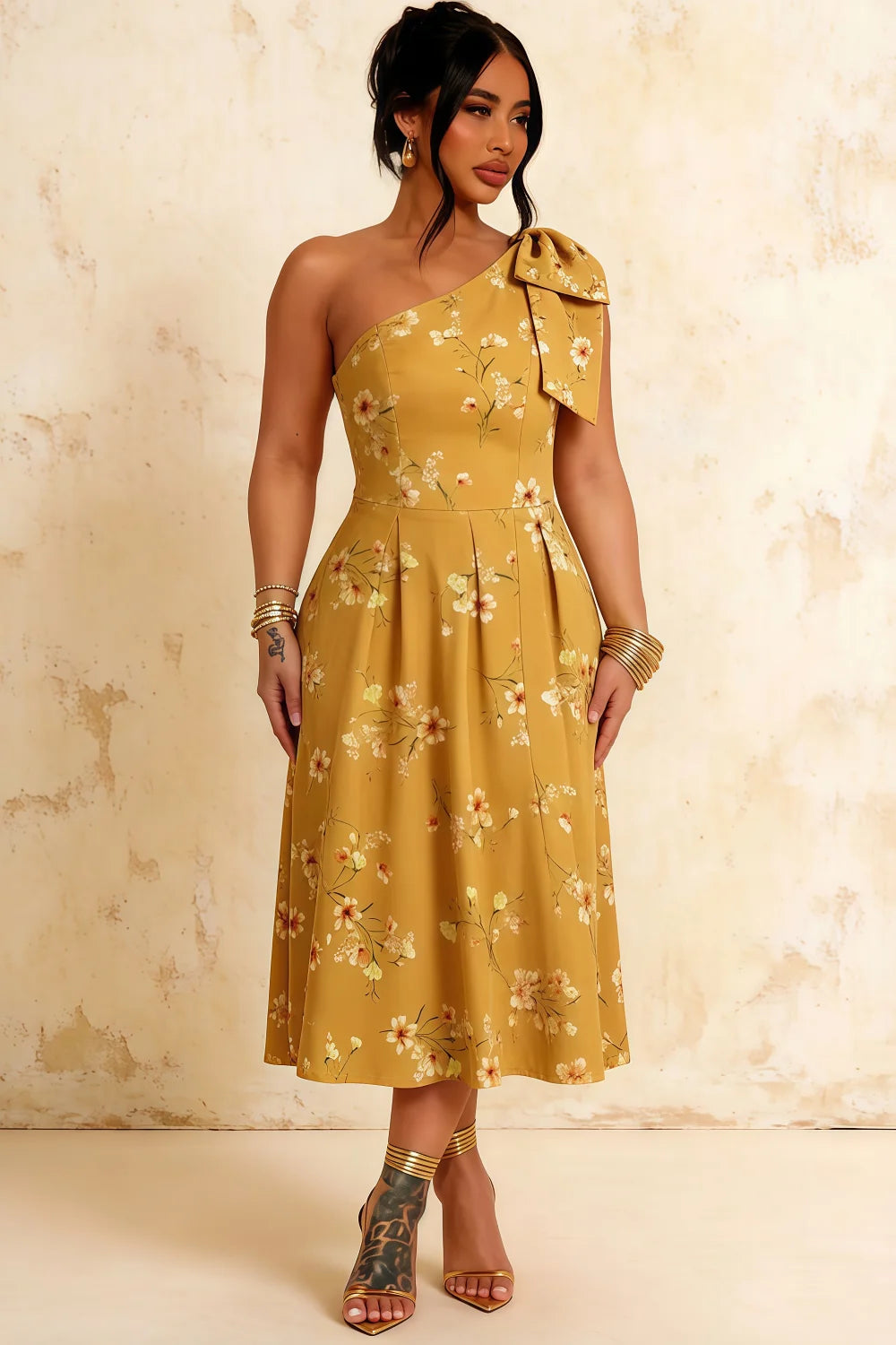 Giselle Yellow Floral Print Asymmetrical Midi Dress | Chic One Shoulder