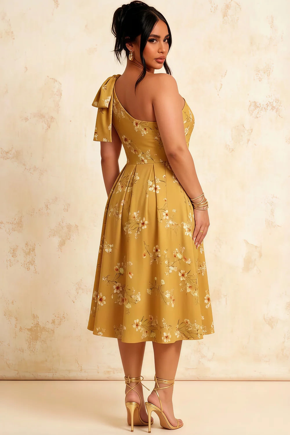 Giselle Yellow Floral Print Asymmetrical Midi Dress | Chic One Shoulder