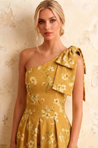 Giselle Yellow Floral Print Asymmetrical Midi Dress | Chic One Shoulder