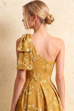 Giselle Yellow Floral Print Asymmetrical Midi Dress | Chic One Shoulder