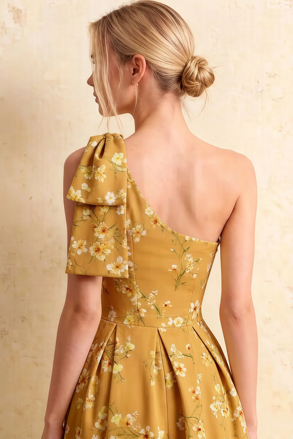 Giselle Yellow Floral Print Asymmetrical Midi Dress | Chic One Shoulder