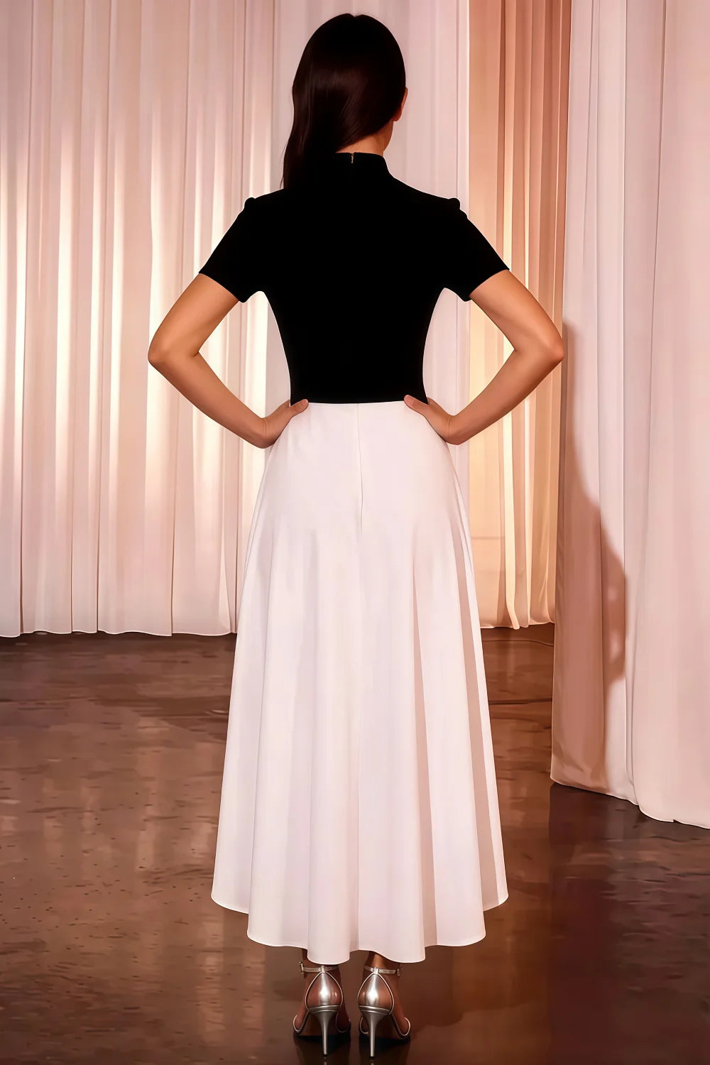 Gloria Black and White Modest Midi Dress