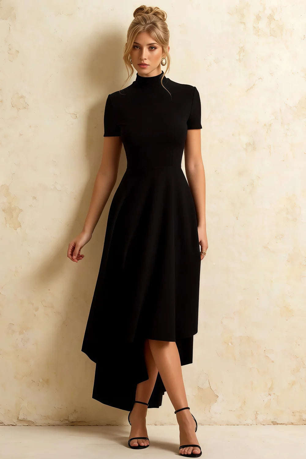 Gloria Black Midi Dress Modest | High-Low Elegance Main image