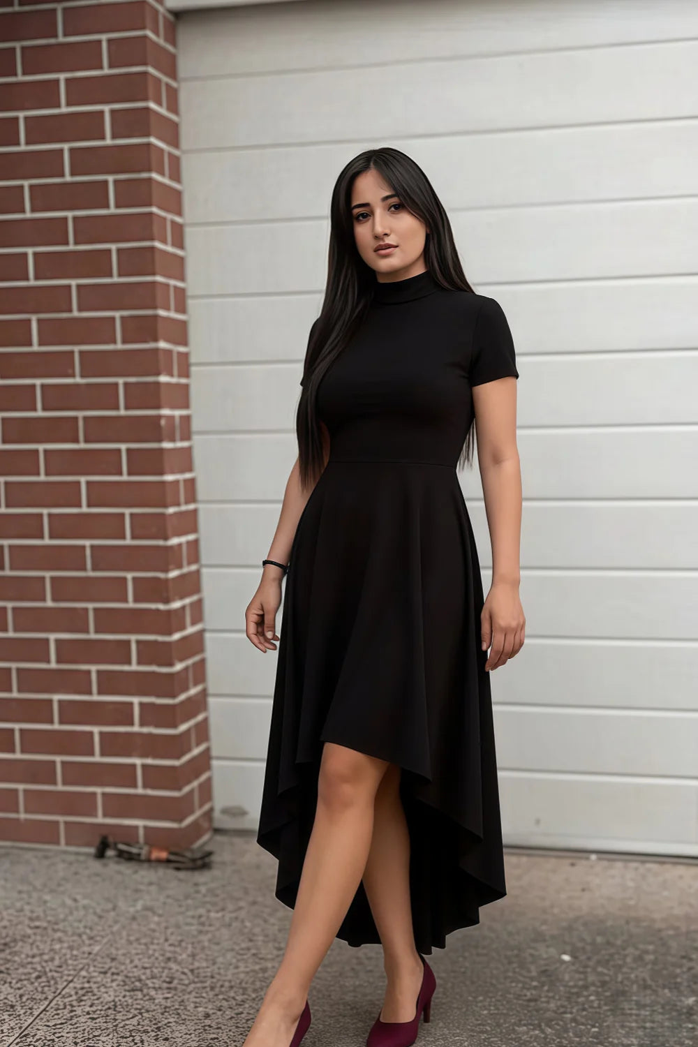 Gloria Black Midi Dress Modest | High-Low Elegance