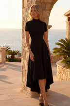 Gloria Black Midi Dress Modest | High-Low Elegance
