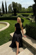 Gloria Black Midi Dress Modest | High-Low Elegance