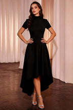 Gloria Black Midi Dress Modest | High-Low Elegance