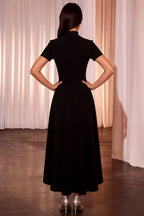 Gloria Black Midi Dress Modest | High-Low Elegance