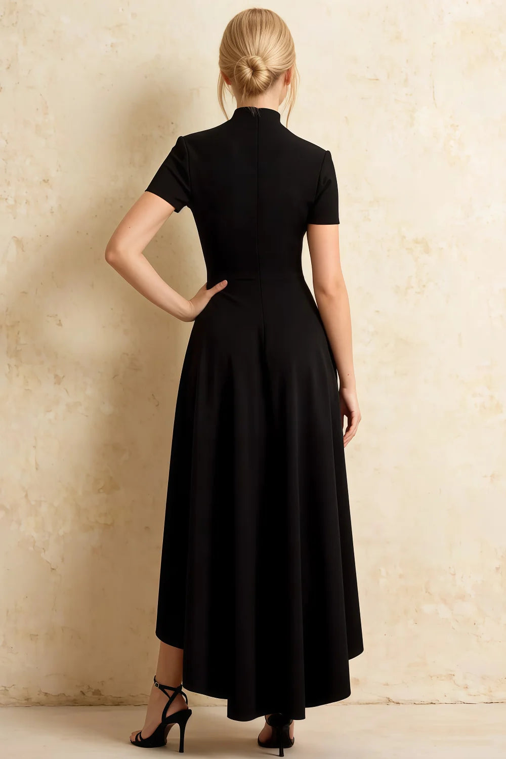 Gloria Black Midi Dress Modest | High-Low Elegance