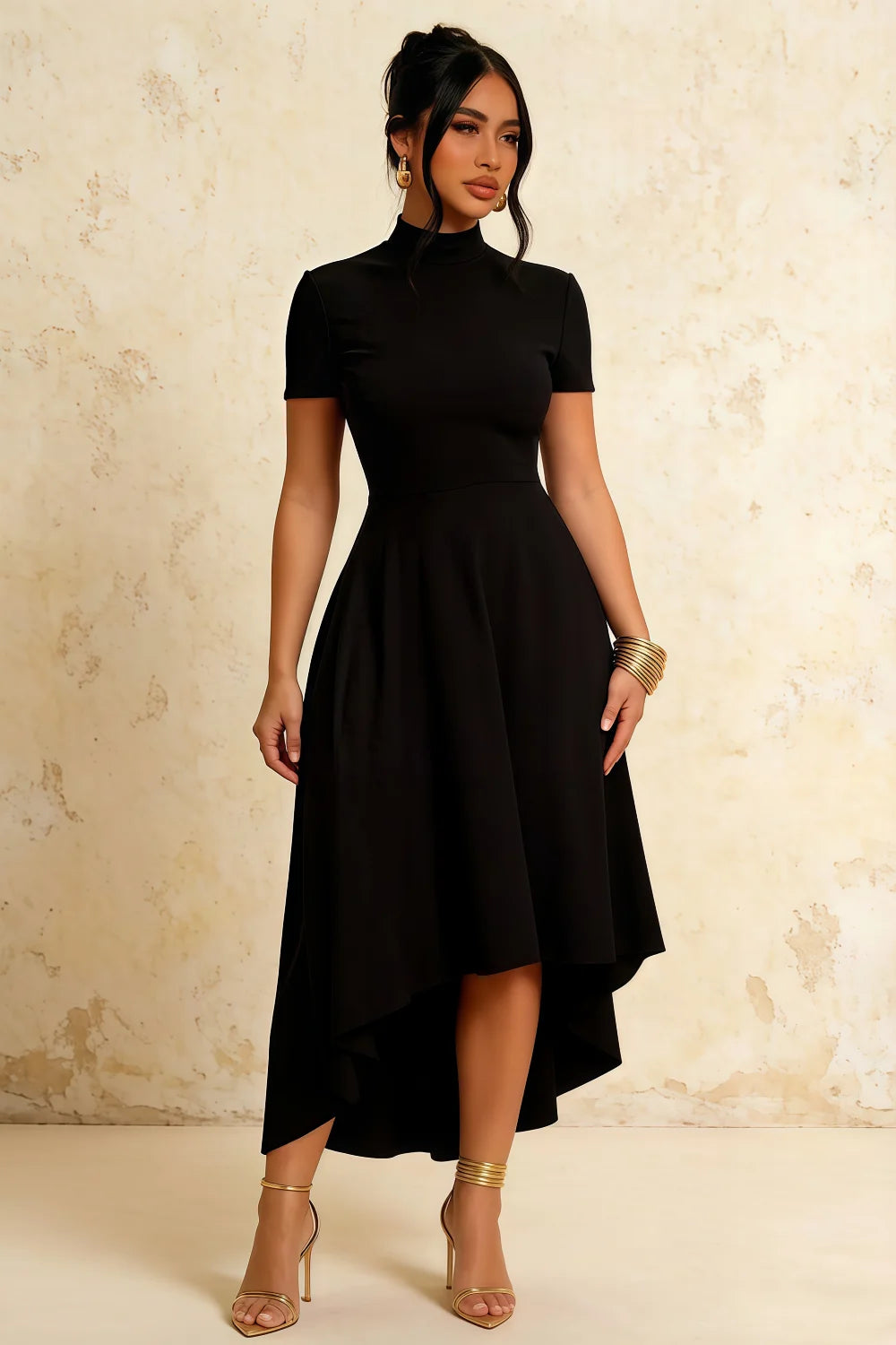 Gloria Black Midi Dress Modest | High-Low Elegance