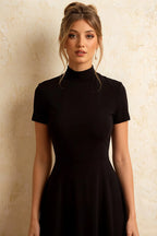 Gloria Black Midi Dress Modest | High-Low Elegance