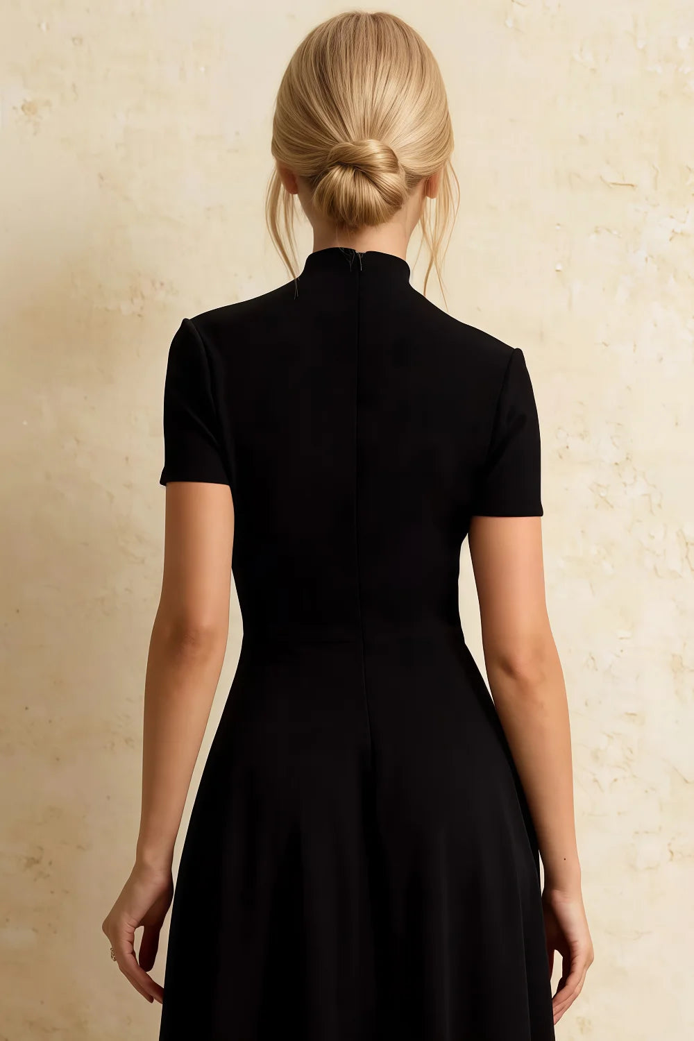 Gloria Black Midi Dress Modest | High-Low Elegance