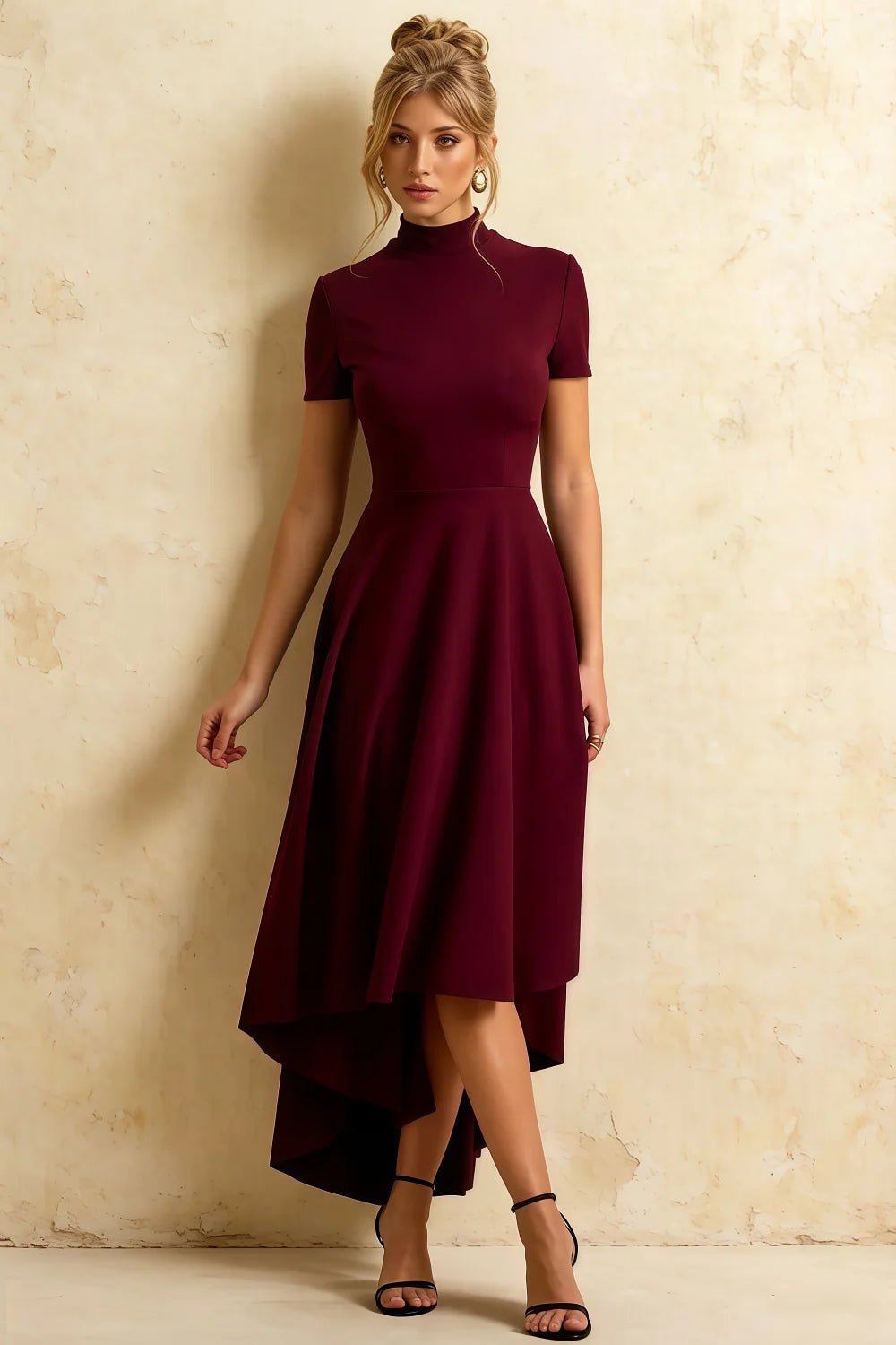 Gloria Burgundy Midi Modest Dresses for Women | Elegant High Neck Main image