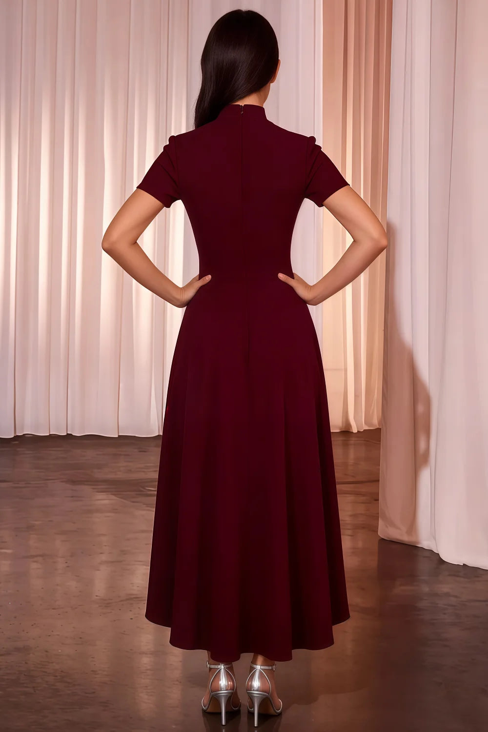 Gloria Burgundy Midi Modest Dresses for Women | Elegant High Neck