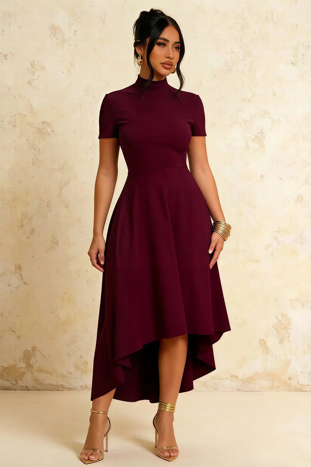 Gloria Burgundy Midi Modest Dresses for Women | Elegant High Neck