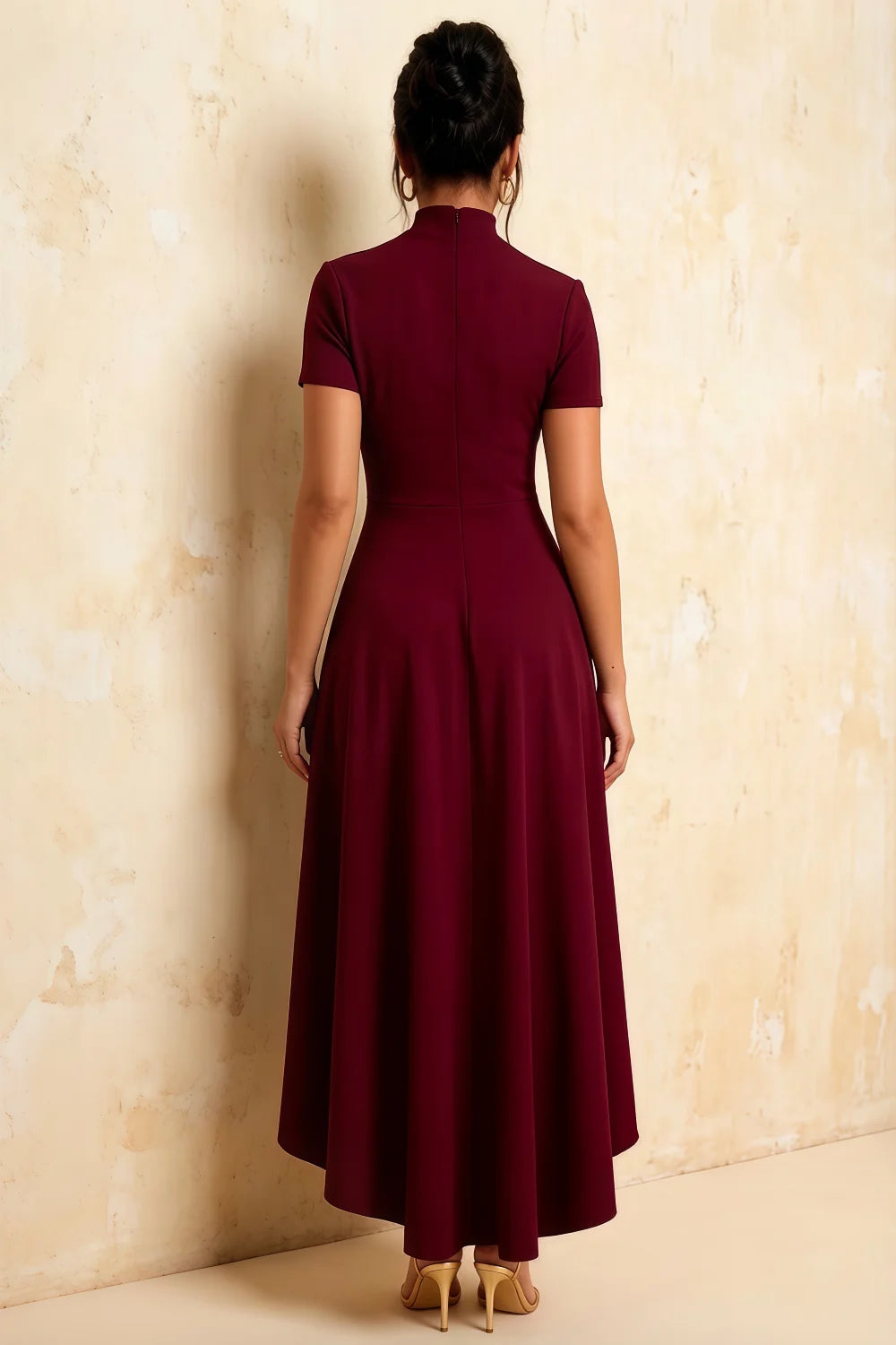 Gloria Burgundy Midi Modest Dresses for Women | Elegant High Neck