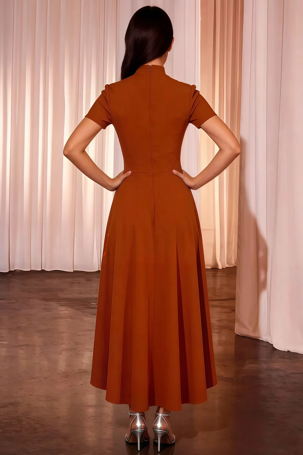 Gloria Burnt Orange High-Low Midi Dress Women Modest