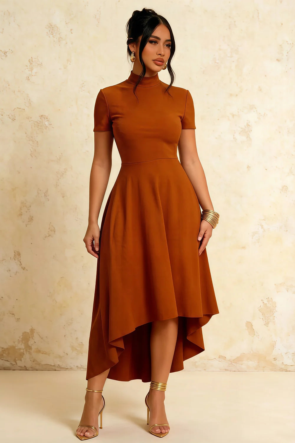 Gloria Burnt Orange High-Low Midi Dress Women Modest