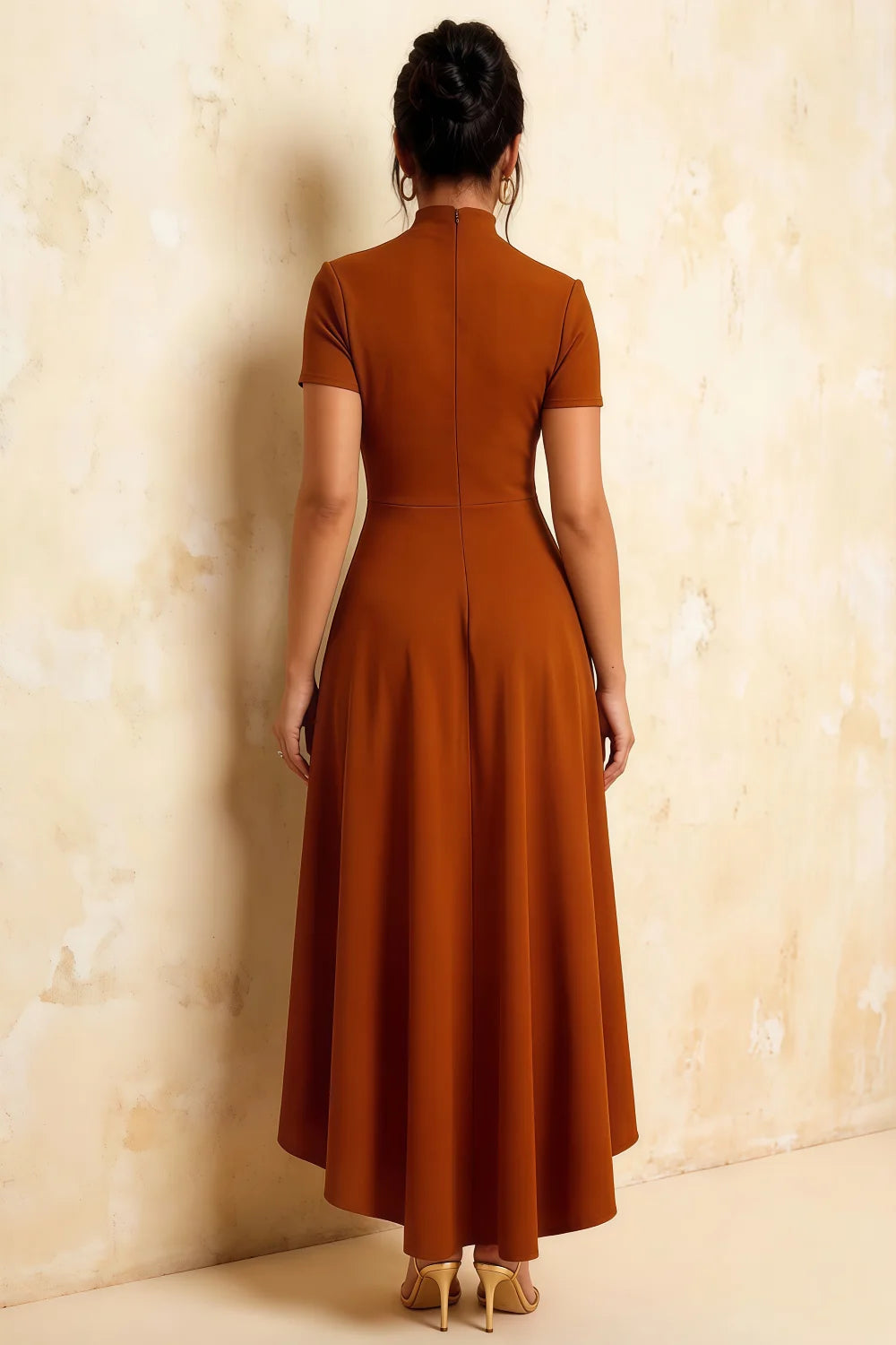 Gloria Burnt Orange High-Low Midi Dress Women Modest