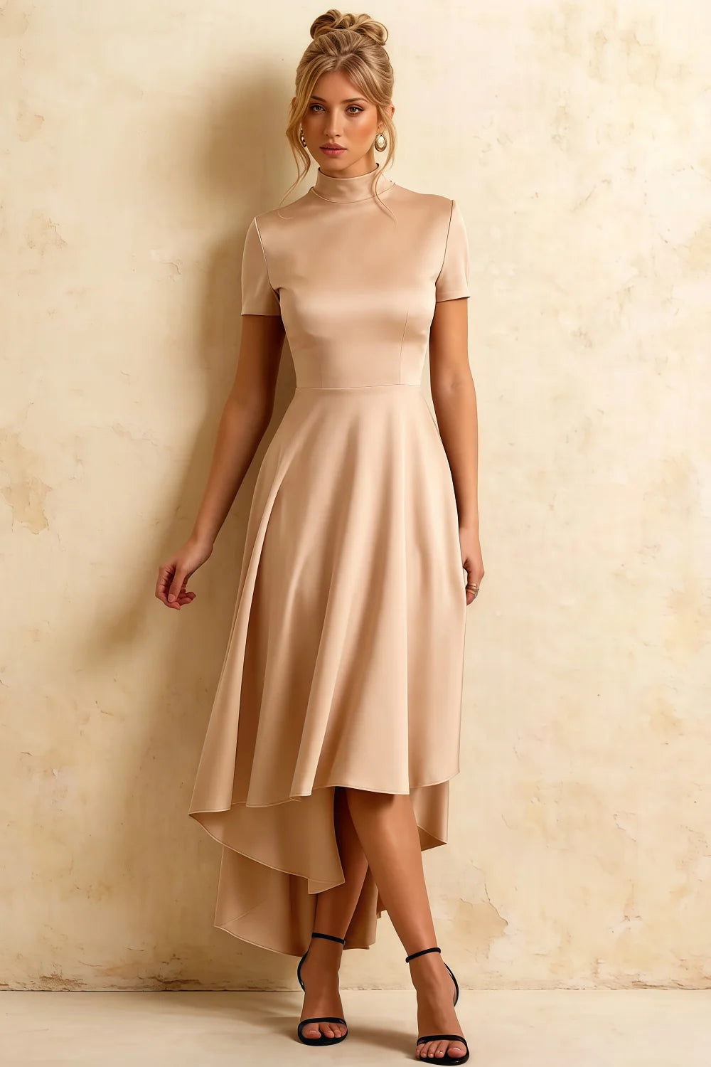 Gloria Champagne Modest Midi Dresses for Women | Chic High-Low Hem